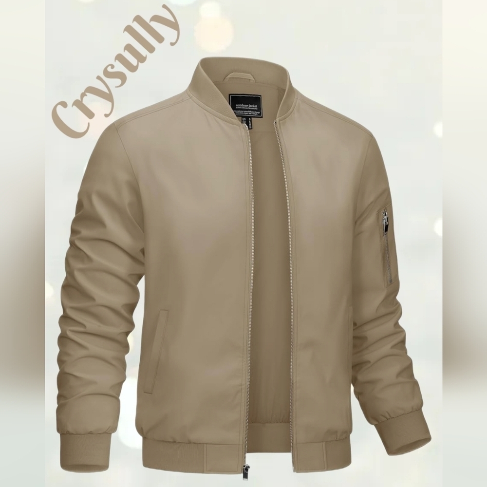 Crysully Jacket Mens Sz S-L Beige Bomber Windbreaker Lightweight Full Zip Casual